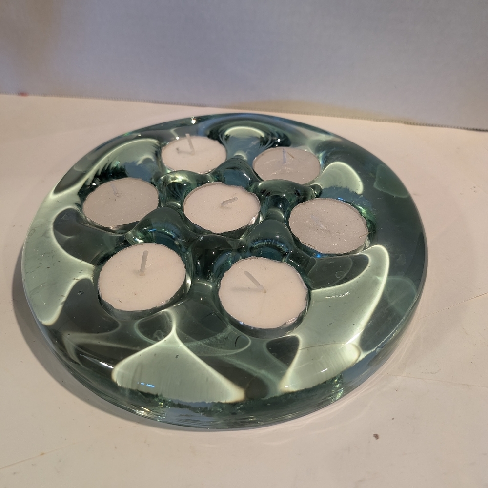 Heavy green glass tealight candle holder made in Spain.  Recycled Glass.